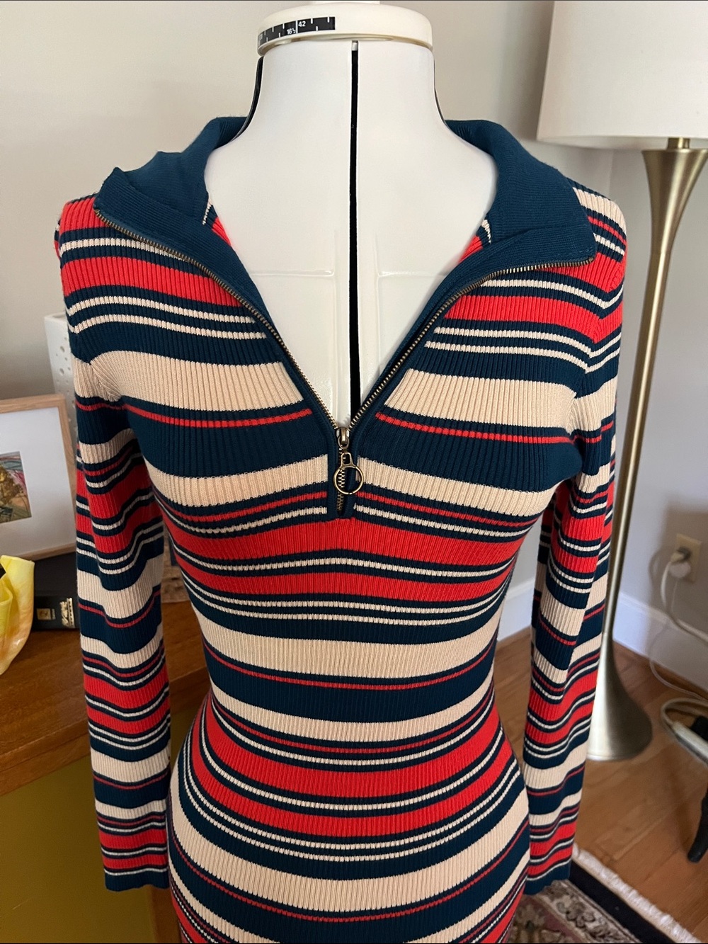 Nasty Gal Striped Zip-Up V-Neck Ribbed Maxi Dress in Red, Navy & Cream - Picture 2 of 7